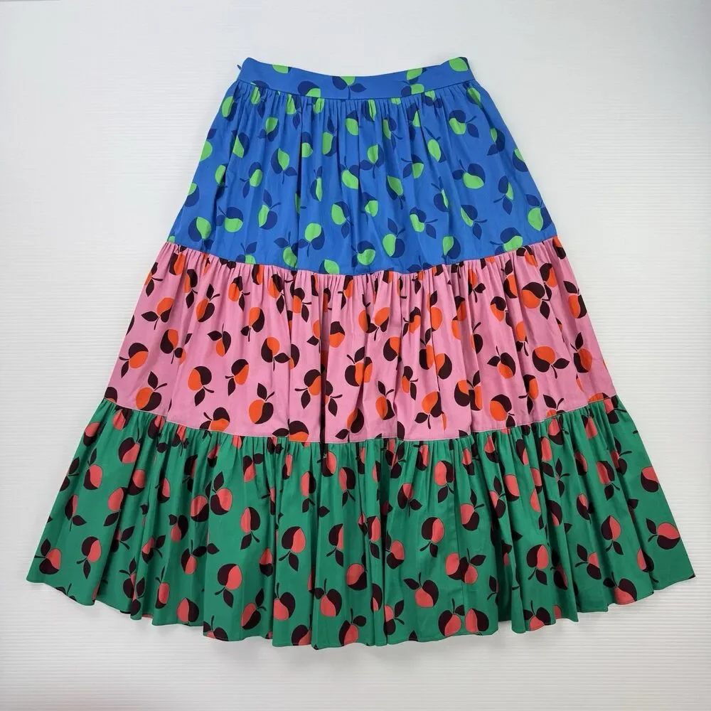 Kate Spade New York Skirt Size 10 Fruit Print Tiered Cotton Maxi Colorblock